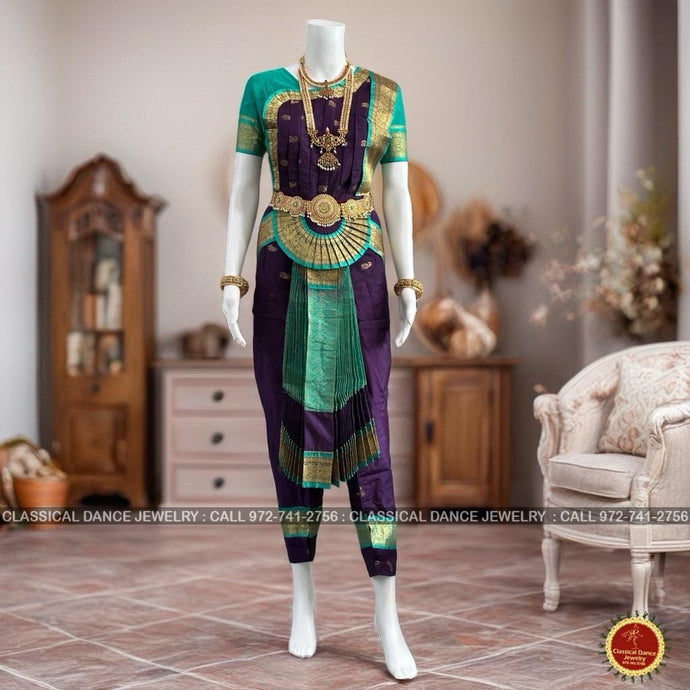 Classical Dance Jewelry Wine PURPLE REXONA GREEN 36 inch Pant Length Bharatanatyam Gold Zari Dance Costume | Art silk Dharmavaram Kanchi | Classical Dance Jewelry