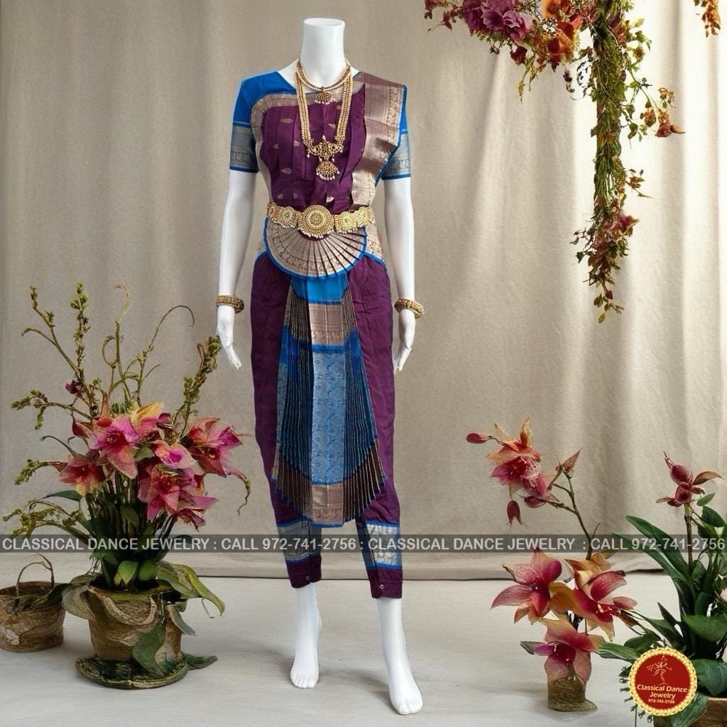 Classical Dance Jewelry WINE Rosewood RAMA BLUE 40 Inch Pant Length Bharatanatyam Dance Costume | Gold Zari | Art silk Dharmavaram Kanchi | Classical Dance Jewelry