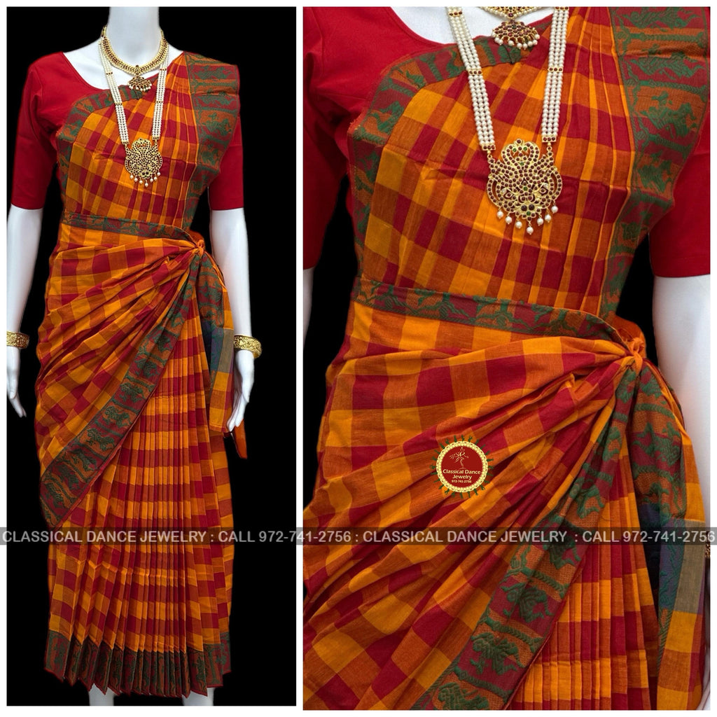 Classical Dance Jewelry YELLOW ORANGE Checks Pre-stitched Practice Sari RED Blouse | Halfsaree Kalakshethra Saree  Bharatnatyam Kuchipudi | Classical Dance Jewelry