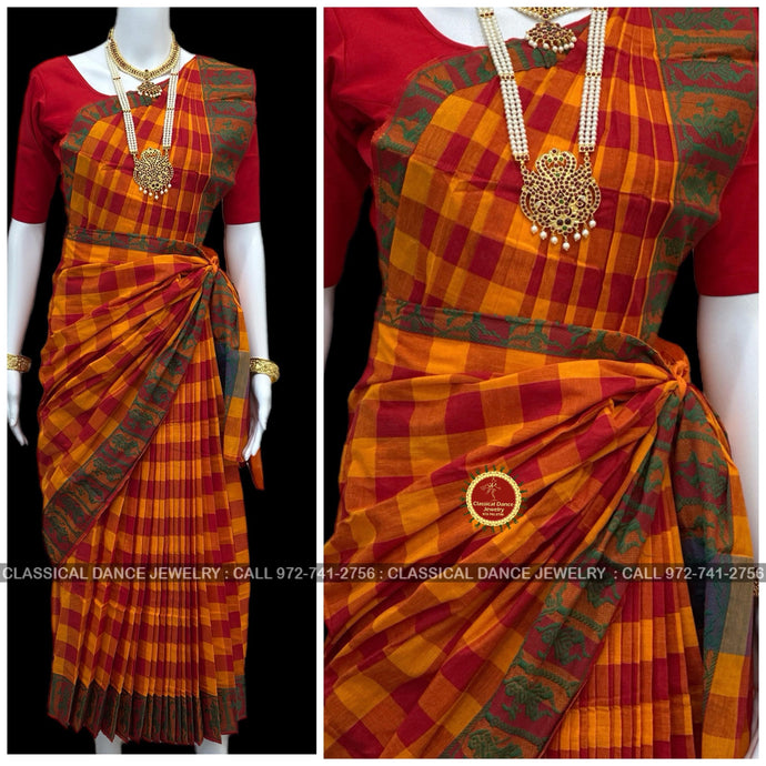 Classical Dance Jewelry YELLOW ORANGE Checks Pre-stitched Practice Sari RED Blouse | Halfsaree Kalakshethra Saree  Bharatnatyam Kuchipudi | Classical Dance Jewelry