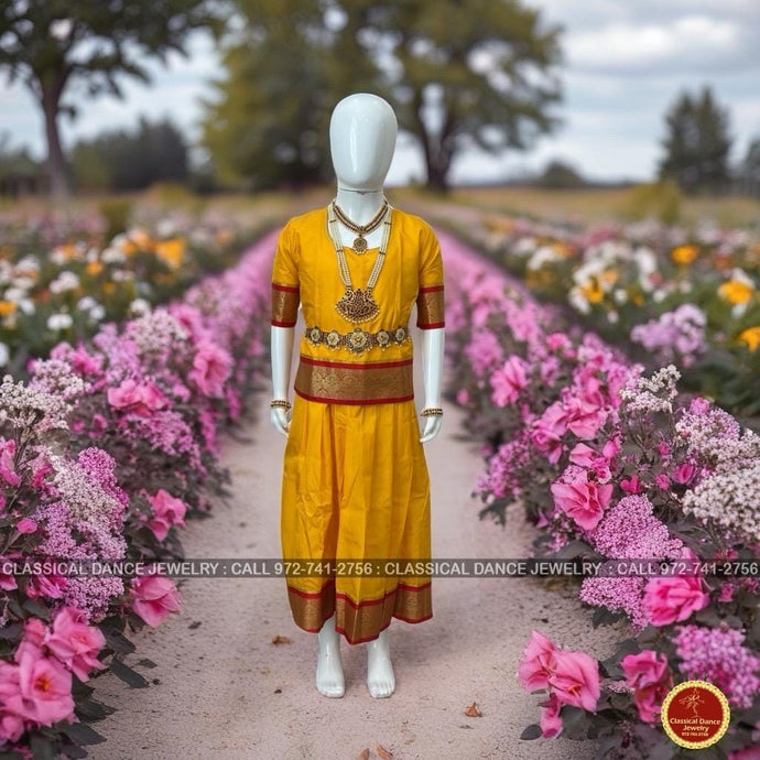 Classical Dance Jewelry YELLOW RED Kids 10-11 yrs Dance Pattu Pavadai Blouse | Kuchipudi Bharatanatyam | Art Silk, Dharmavaram Kanchi | Classical Dance Jewelry