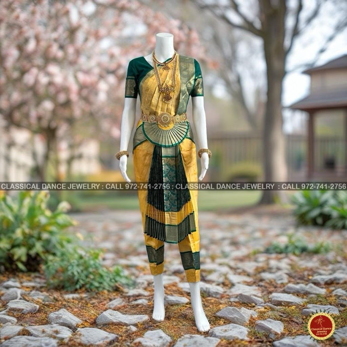 BUTTER YELLOW Ivory GREEN 34 inch Pant Length Bharatanatyam Gold Zari Dance Costume | Art silk, Dharmavaram Kanchi | Classical Dance Jewelry