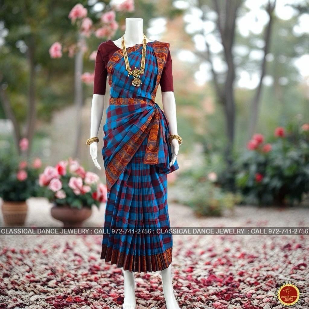 BLUE MAROON CHECKS Pre-stitched Practice Sari Red Blouse | Half Saree Kalakshethra Sari | Bharatnatyam Kuchipudi | Classical Dance Jewelry