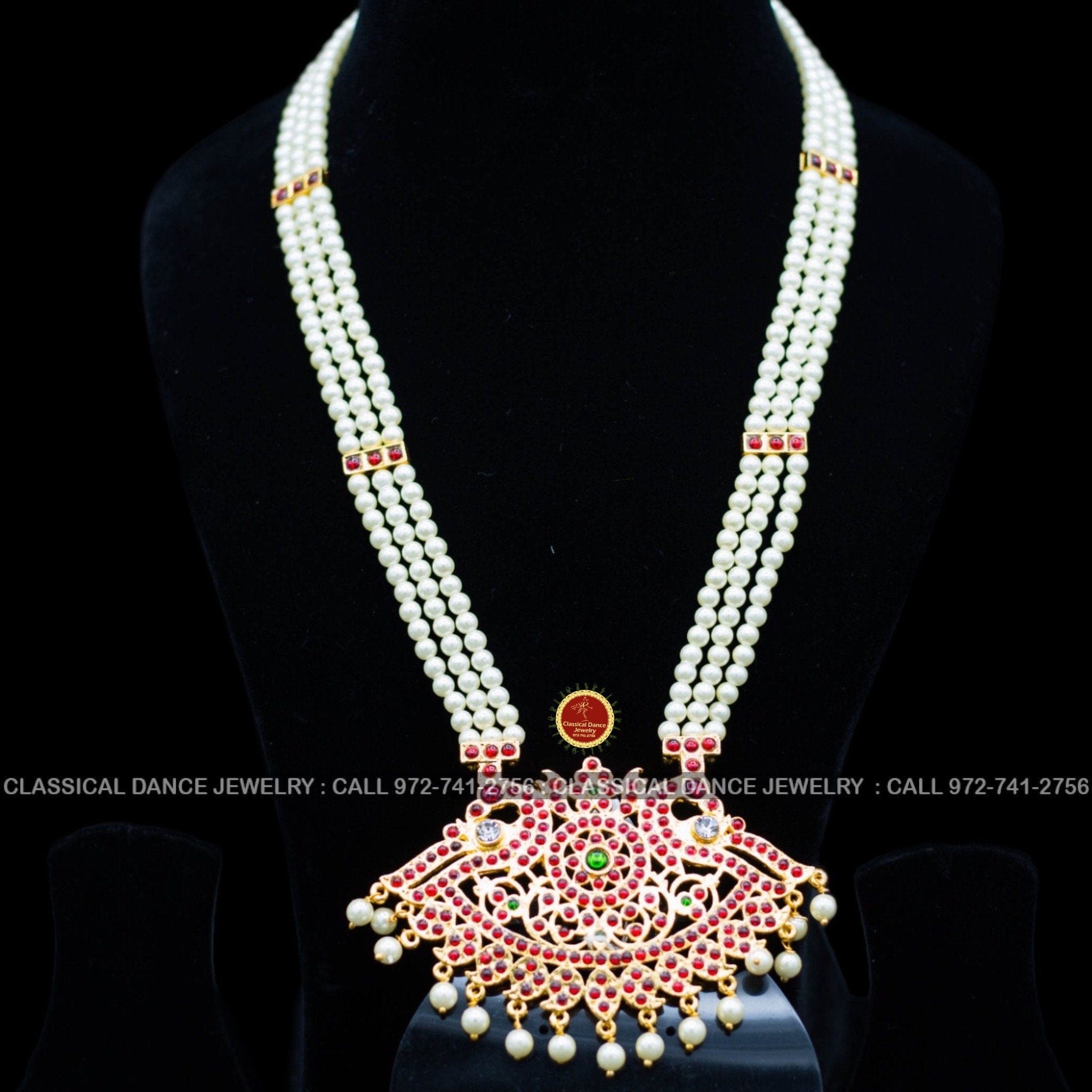 3 lines Long Pearl Haram Indian Jewelry | Open Peacock Style