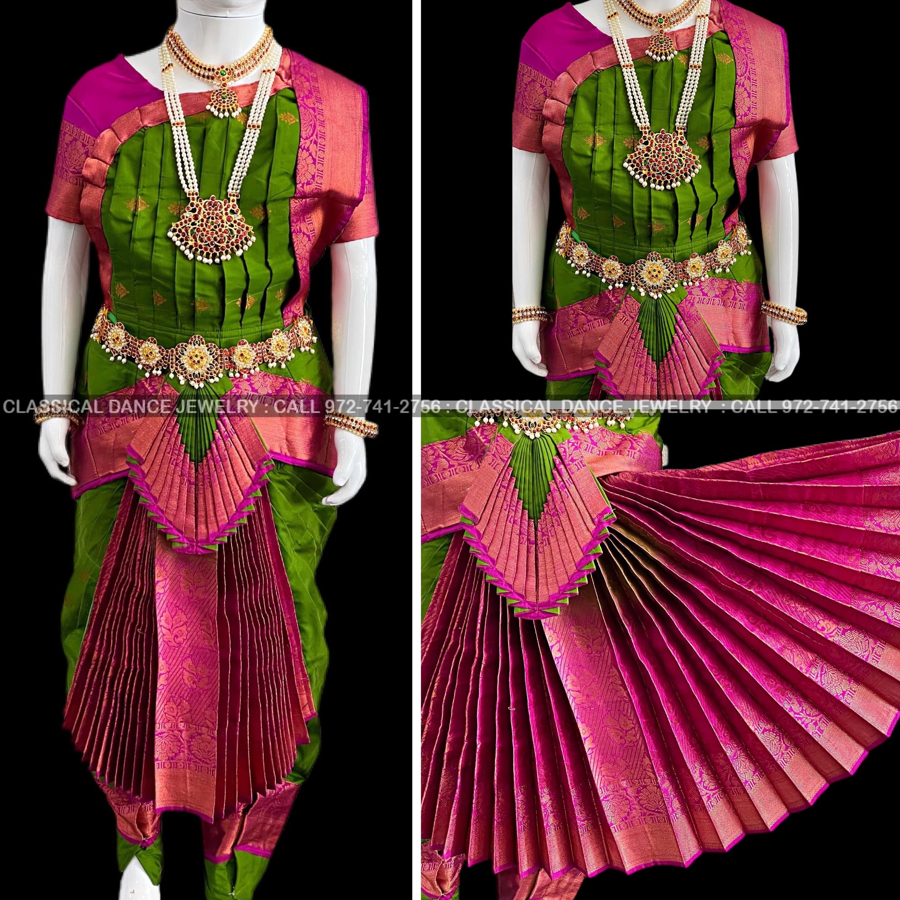 green and pink bharatanatyam dress strapless open back dress Bharatnatyam Dance Green Pink Costume