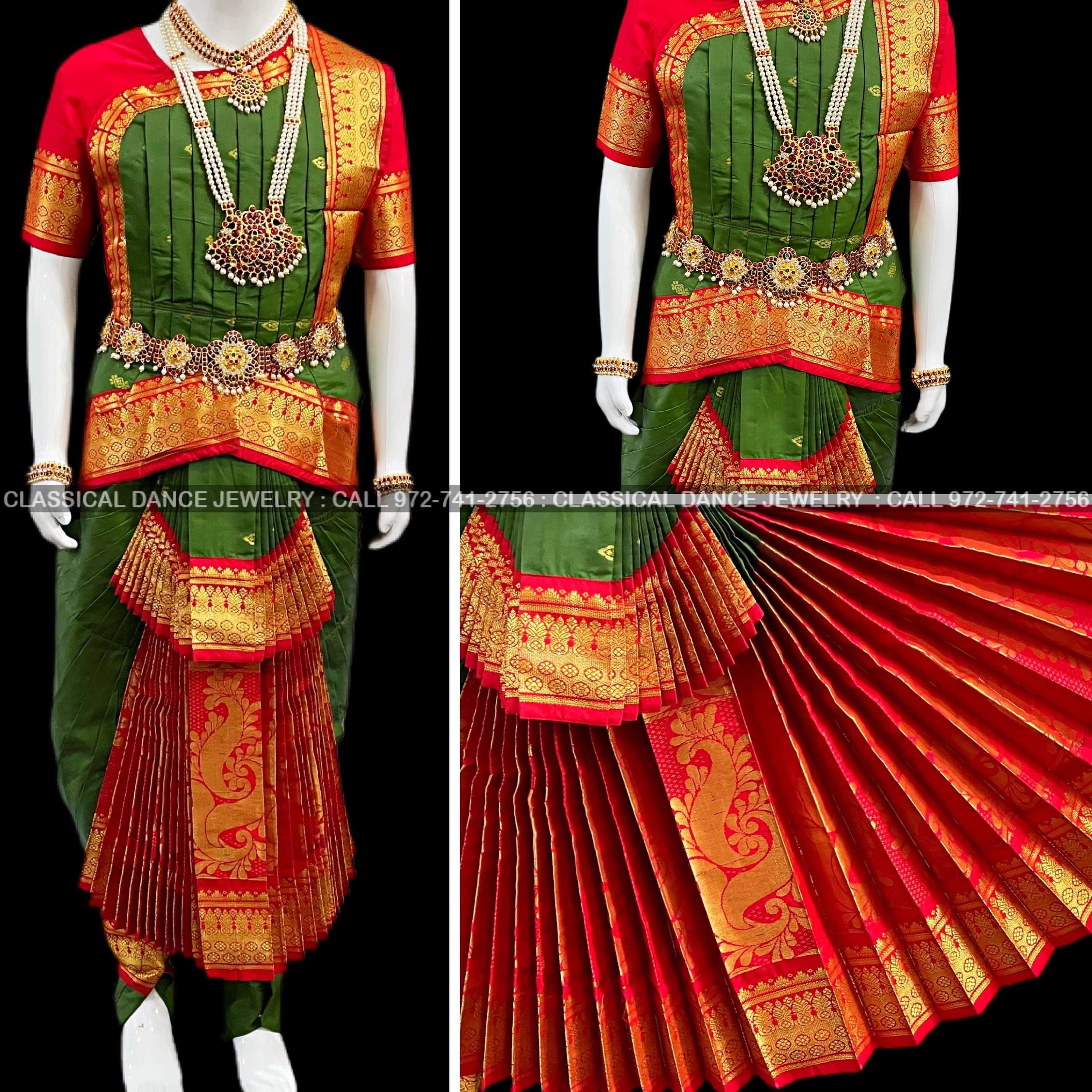 Green Red 32 inchs Pant Length Bharatanatyam Dance Costume | Art silk Dharmavaram kanchi