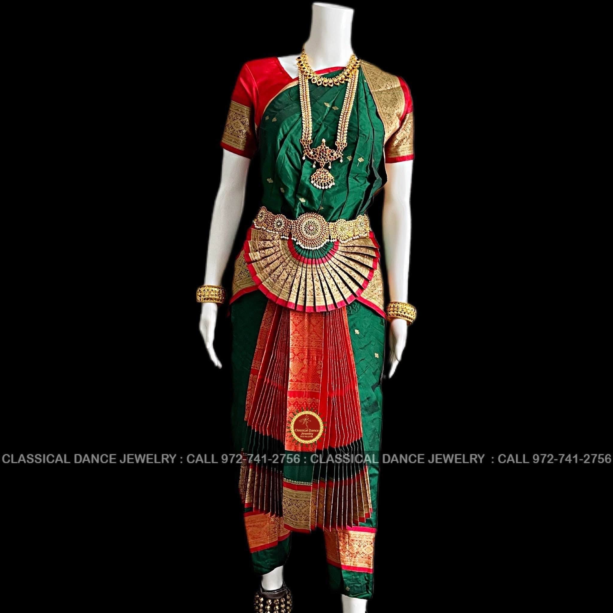 GREEN RED 34 inch Pant Length Bharatanatyam Dance Costume | Art silk, Classical Dance Jewelry GREEN RED 34 inch Pant Length Bharatanatyam Dance Costume | Art silk, Classical Dance Jewelry