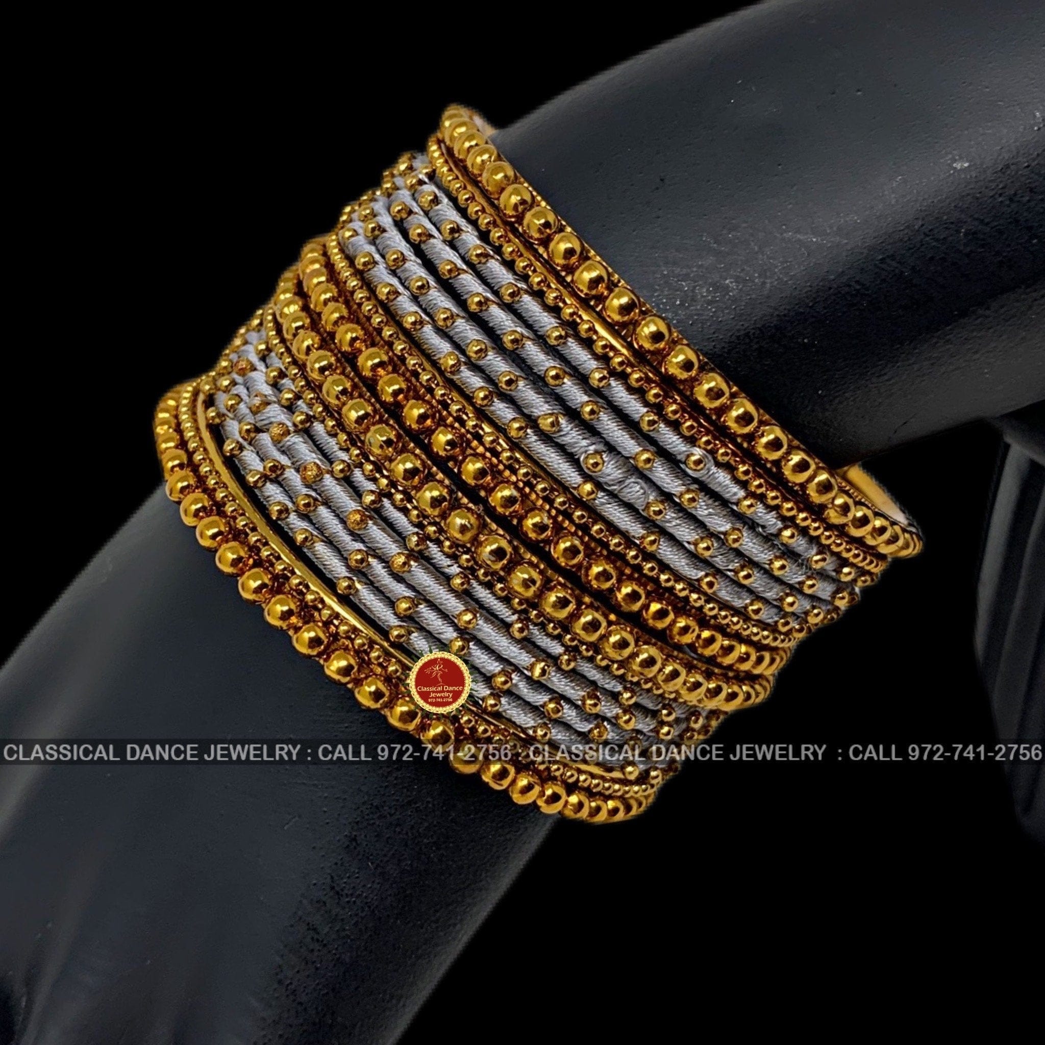 Grey Thread GOLD Studded 16 Metal Bangles Jewelry Set Bharatnatyam Kuchipudi Weddings, Birthdays Classical Dance Jewelry