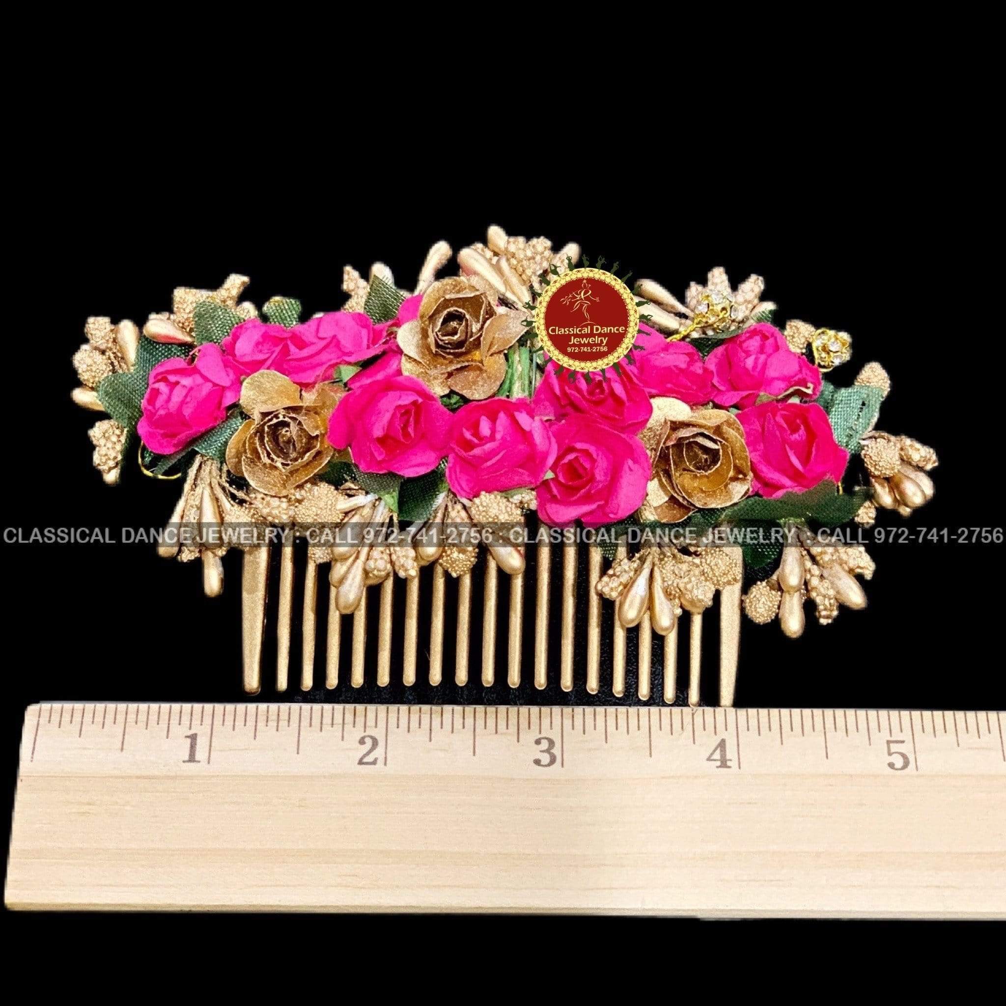 Pink Flowers Brooch Veni Indian Hair Piece | Hair Bun, Juda, Bridal Parties, Engagement, Weddings, Birthdays | Classical Dance Jewelry