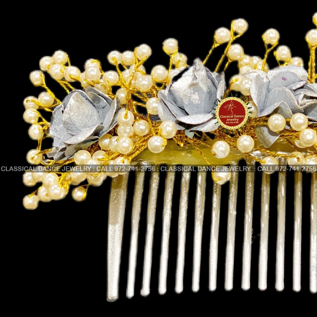 Hair Bun Jewelry Silver Flowers Brooch Veni Indian Hair piece Classical Dance Jewelry