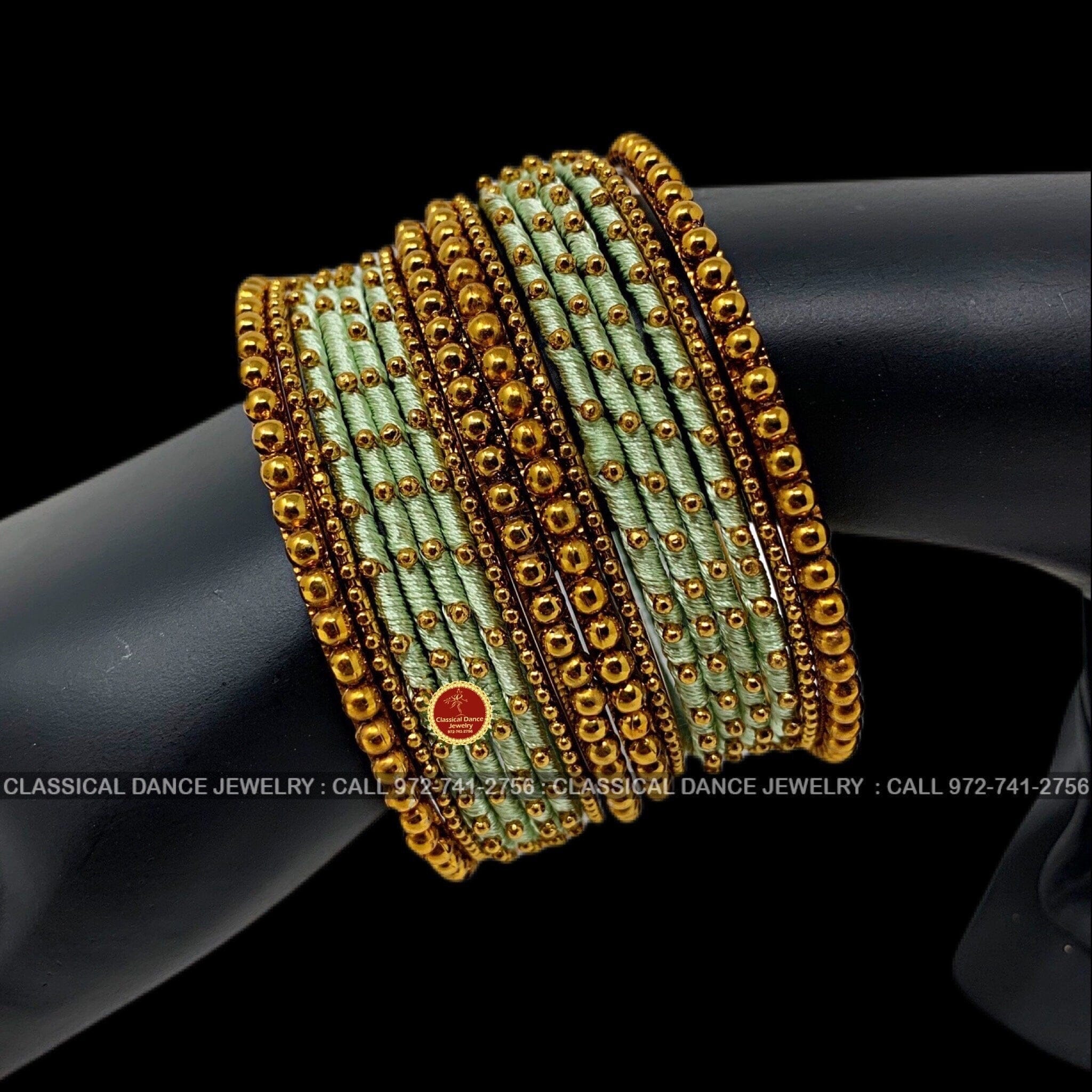 MInt Green Thread GOLD Studded 16 Metal Bangles Jewelry Set Bharatnatyam Kuchipudi Weddings, Birthdays Classical Dance Jewelry