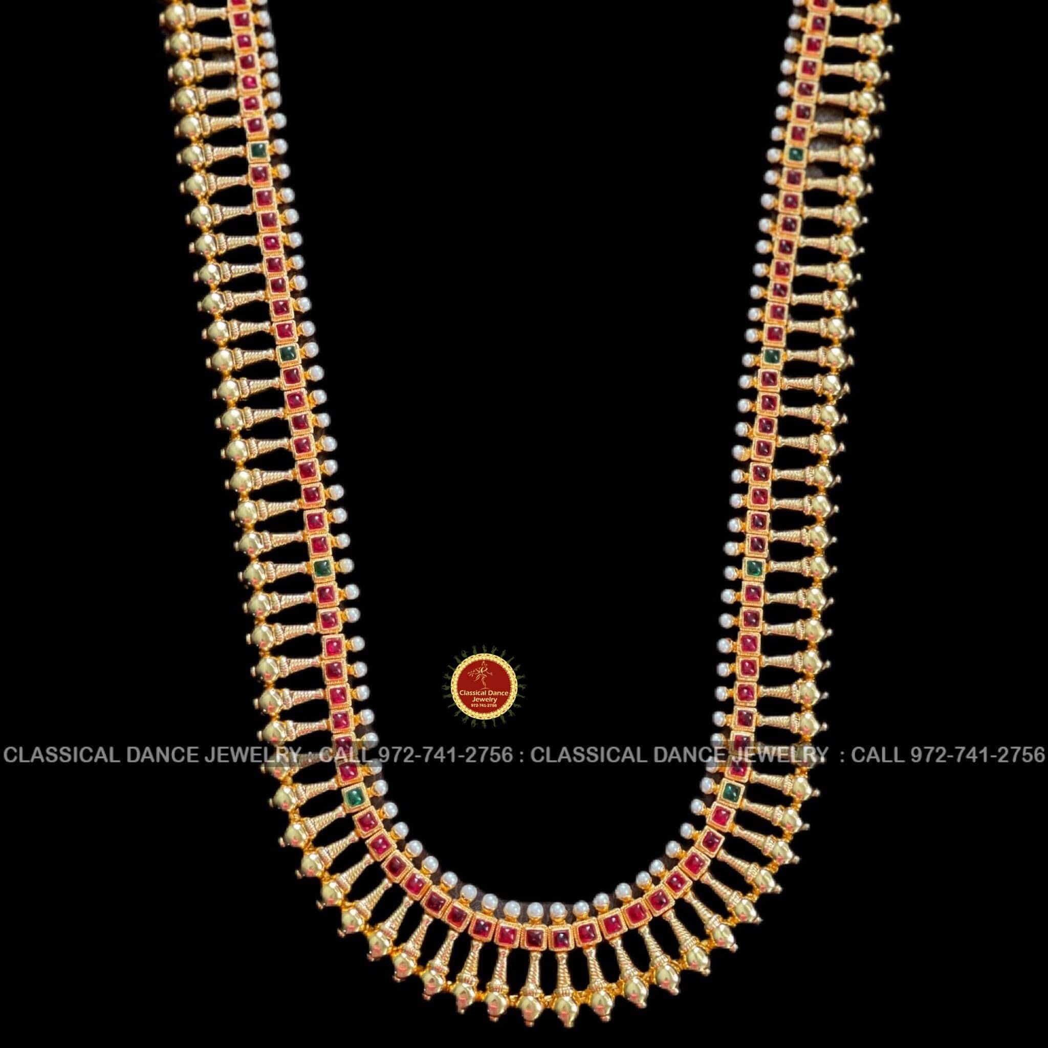 Gold KEMPU Mala Long Haram Indian Jewelry Bharatnatyam