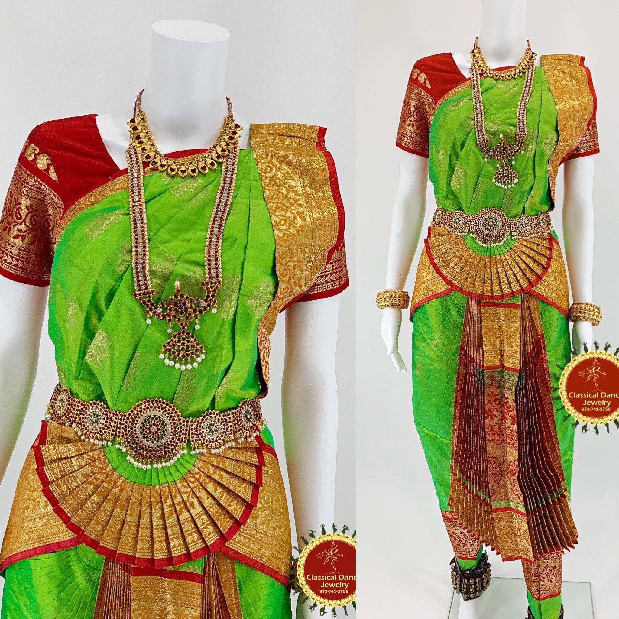 PARROT GREEN RUST Red 38 Inches length Pant Size Traditional Bharatanatyam Dance Costume in art silk, Dharmavaram and kanchi PARROT GREEN RUST Red 38 Inches length Pant Size Traditional Bharatanatyam Dance Costume in art silk, Dharmavaram and kanchi