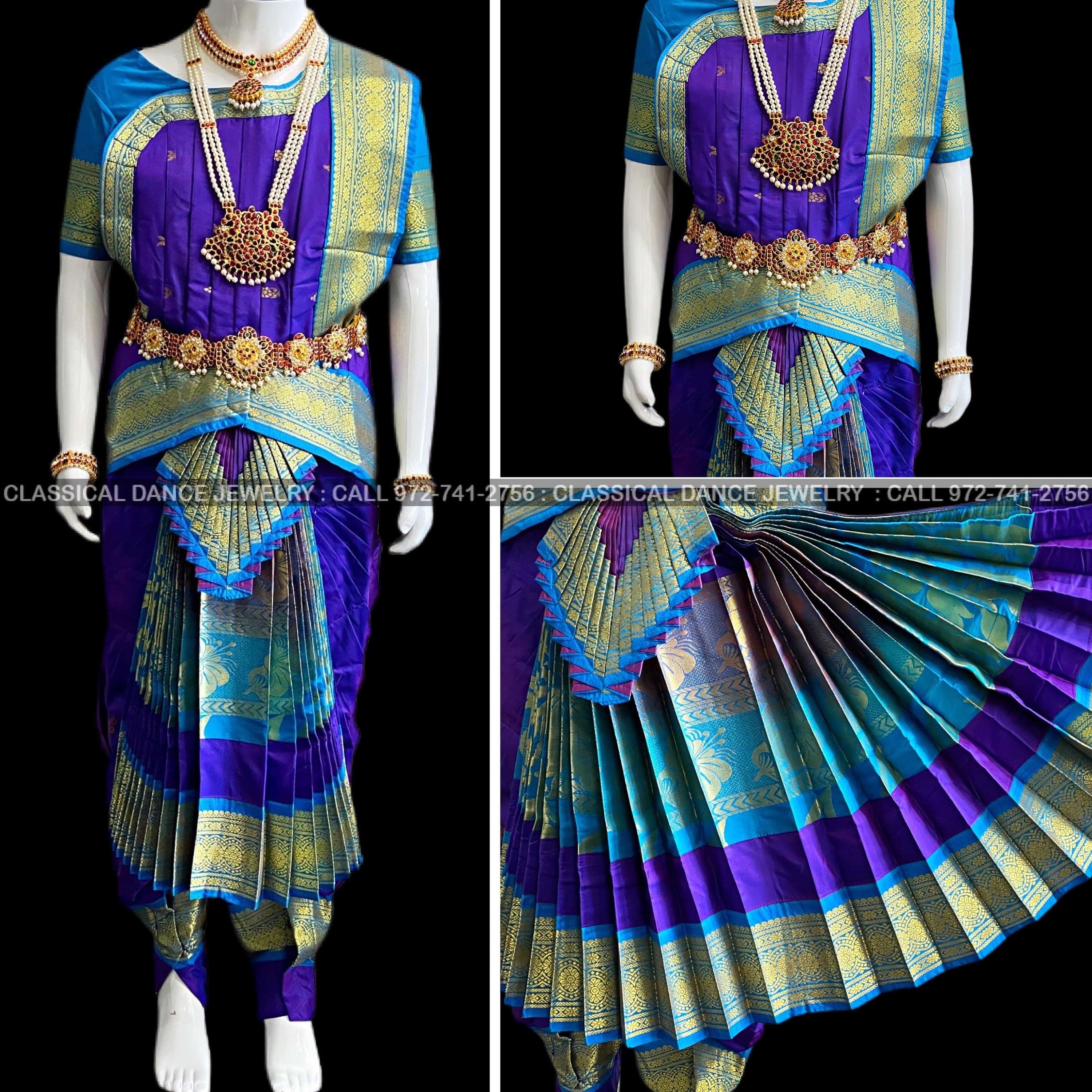 PURPLE BLUE 30 inchs Pant Length Bharatanatyam Dance Costume | Art sil Classical Dance Jewelry PURPLE BLUE 30 inchs Pant Length Bharatanatyam Dance Costume | Art sil Classical Dance Jewelry