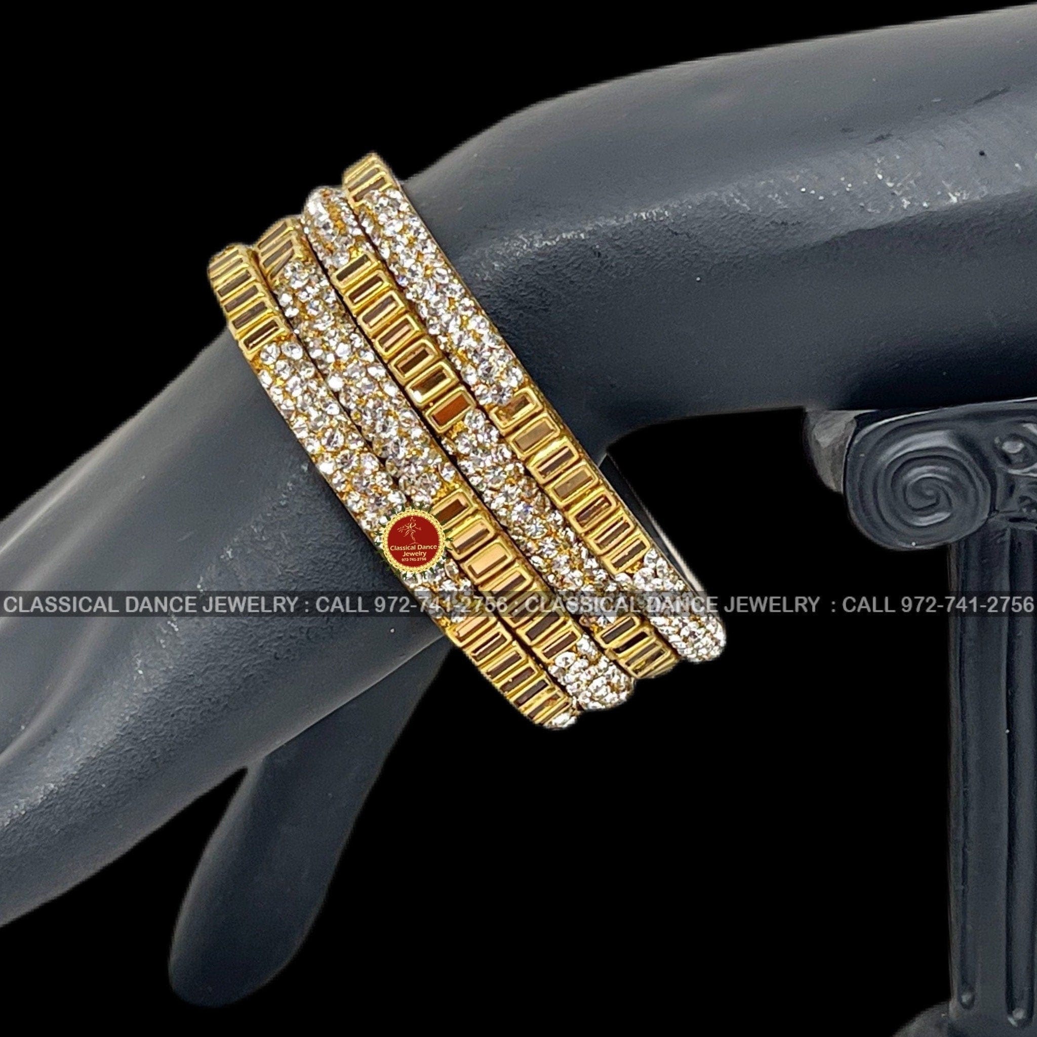 White Stone Gold Studded Indian Jewelry Bangles Set Bharatnatyam, Kuchipudi, Weddings, Birthdays Classical Dance Jewelry
